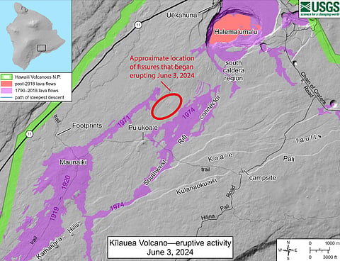 Map shows the approximate location of fissures that began erupting June 3, 2024.